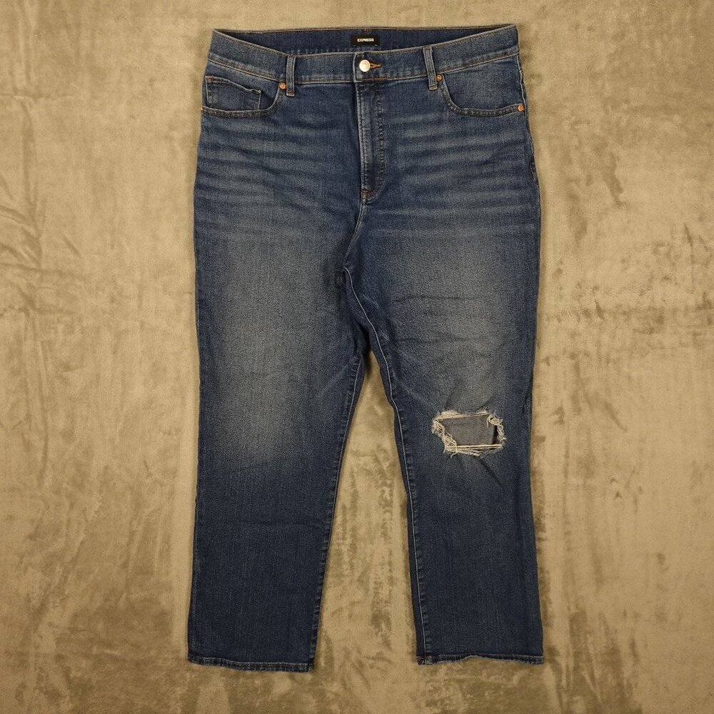 Express Jeans Modern Straight Super High Rise women's 16R blue denim‎ distressed